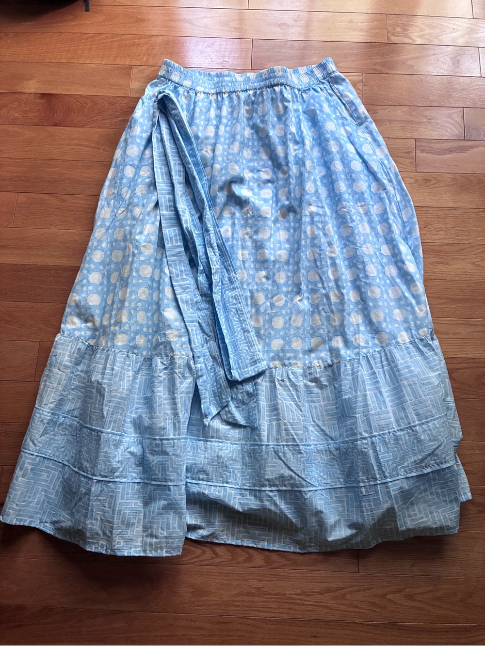 Sue Sarter Light Baby Blue Printed Maxi Flounce Skirt with Tie Waist XL